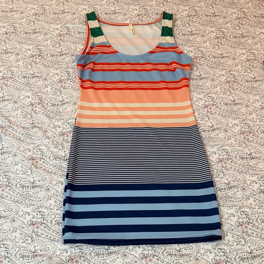 Marshmallow Striped Multicolor Tank Dress - Blue, Peach & Navy